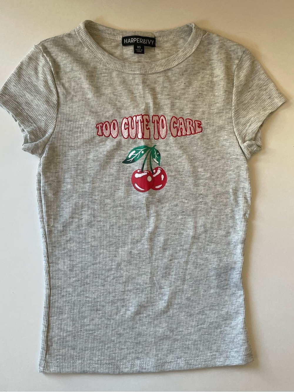 Harper Grey Ribbed Tee with Red Cherry Graphic and Embroidered Text